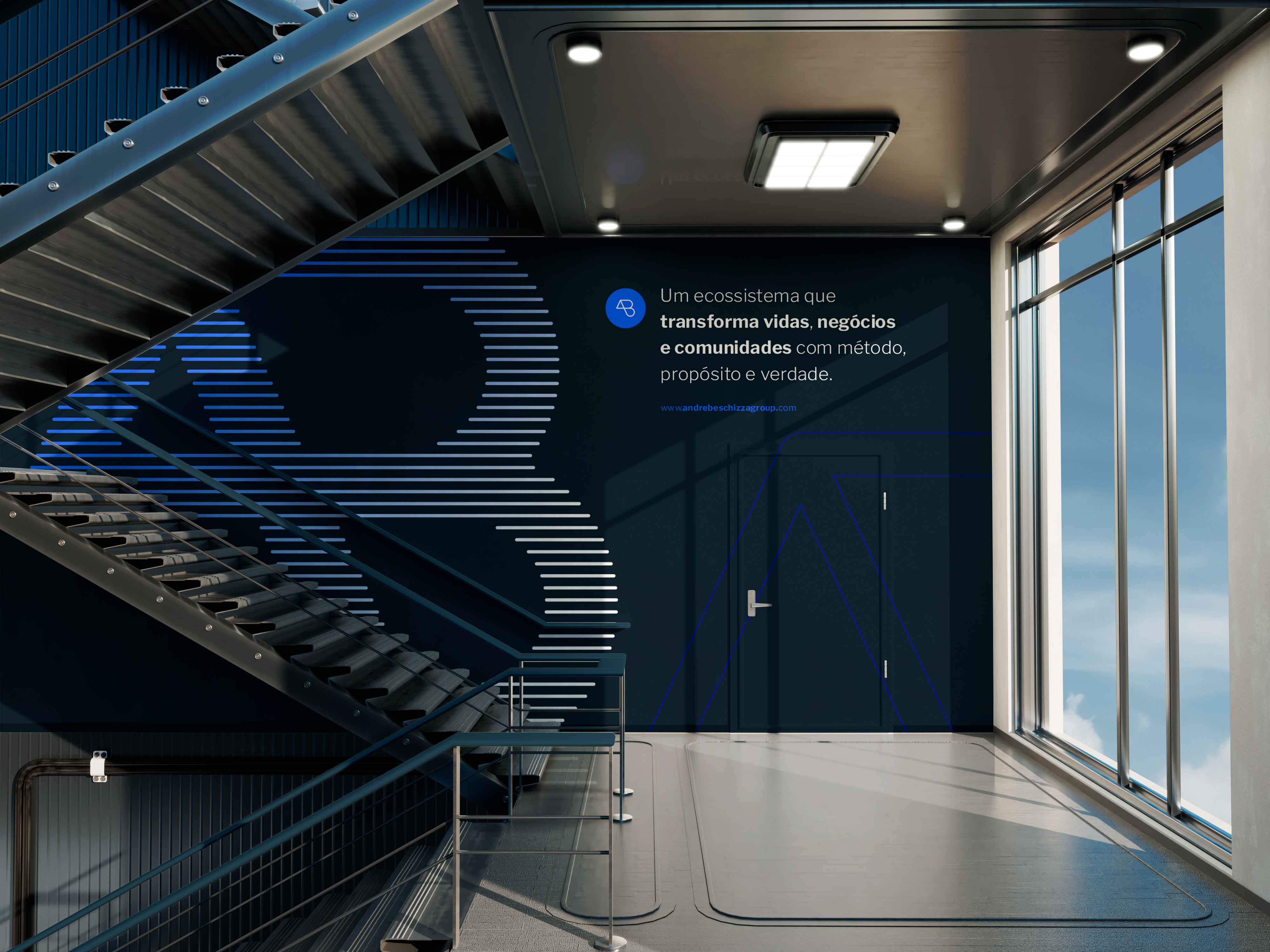 André Bescchizza Group - Parede corporativa com branding estratégico
