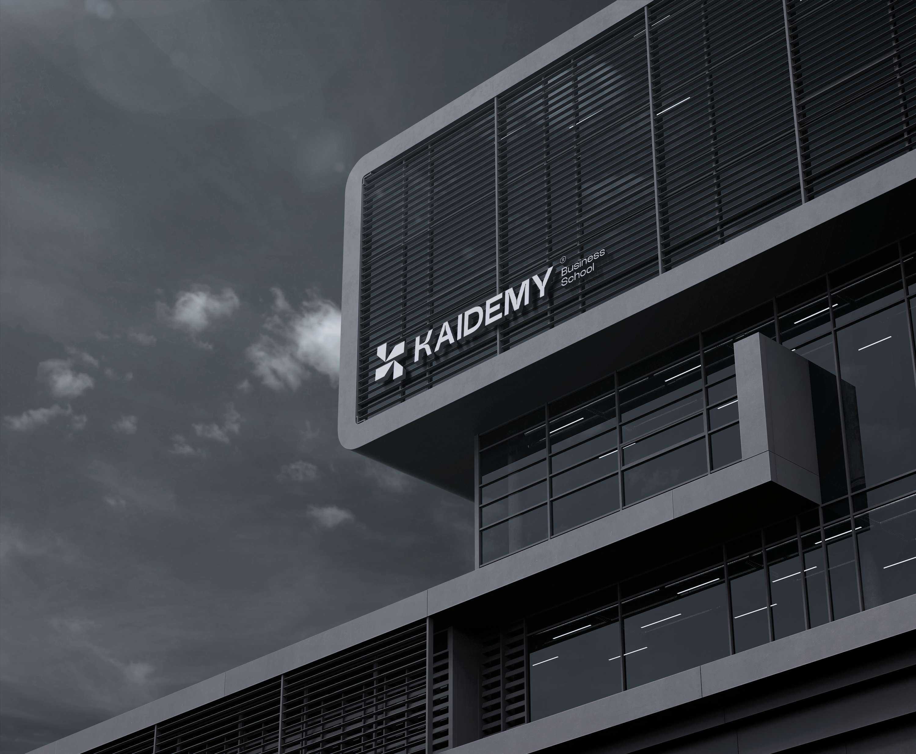 Kaidemy Business School - Fachada de prédio com identidade visual corporativa